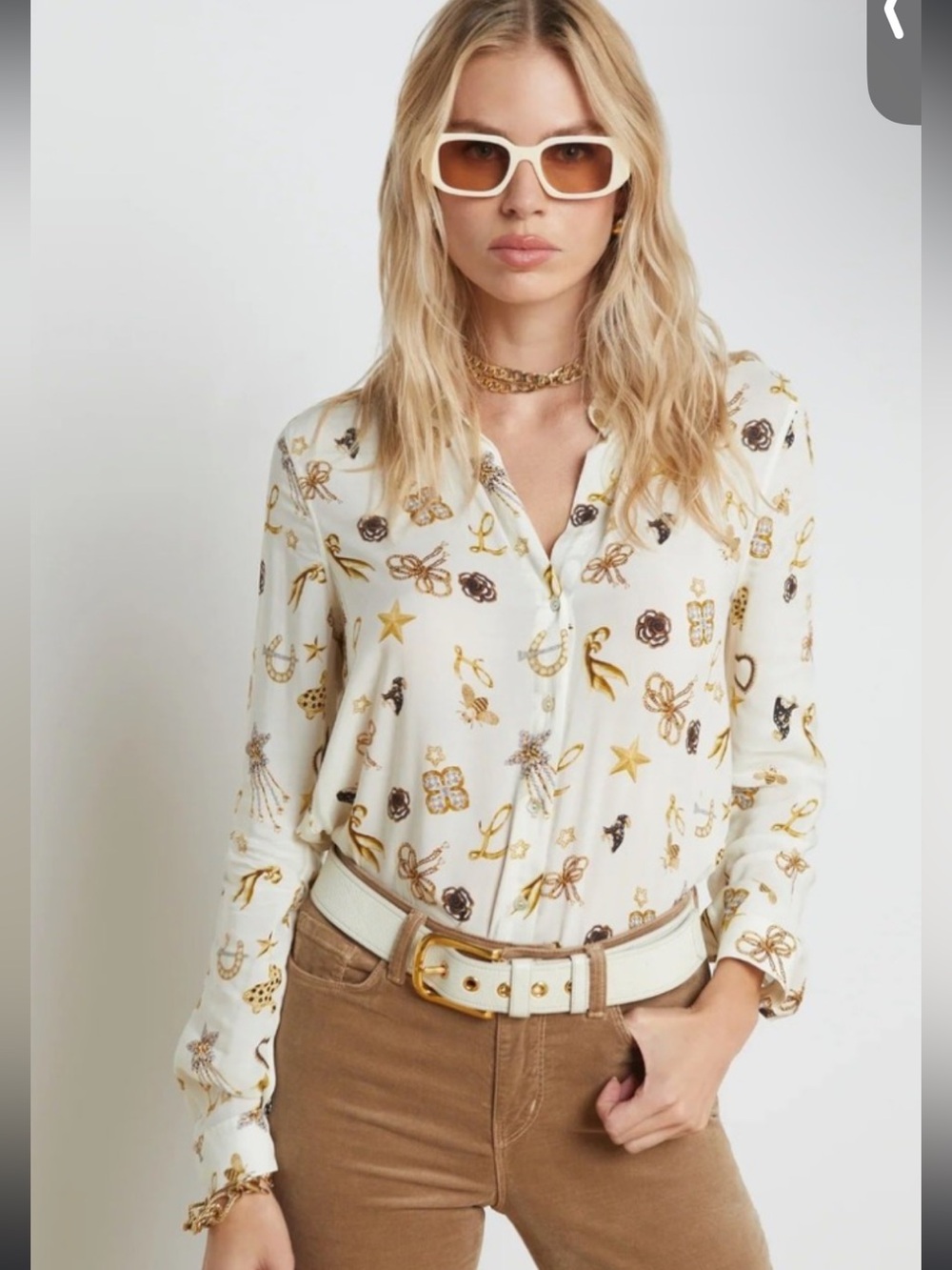L'AGENCE White Button-Down Shirt with Gold and Black Motif